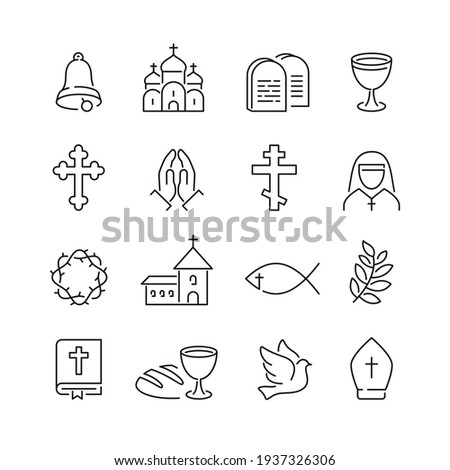 Christianity related icons: thin vector icon set, black and white kit