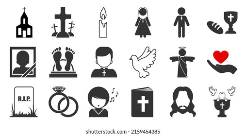 Christianity related icons: vector icon set, black and white set