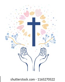 Christianity religion background with hands or prayer and cross, flowers around. Vector graphic illustration