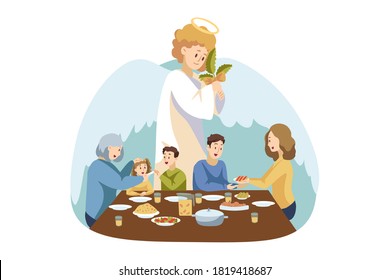 Christianity, religion, bible, Christmas Eve concept. Guradian angel biblical religious character watches at young family father son daughter mother celebrating New Year holiday praying together.