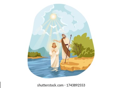 Christianity, Religion, Bible Concept. Baptism Blessing Of Jesus Christ Son Of God Messiah Prophet In Jordan River Water By John Baptist Descending Holy Spirit. New Testament Biblical Religious Series