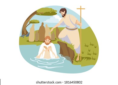 Christianity, religion, Bible concept. Baptism blessing of Jesus Christ son of God messiah prophet in Jordan river water by John Baptist descending Holy Spirit. New Testament biblical religious series