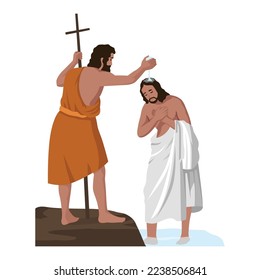 Christianity, religion, Bible concept. Baptism blessing of Jesus Christ son of God messiah prophet in Jordan river water by John Baptist descending Holy Spirit. New Testament biblical religious series