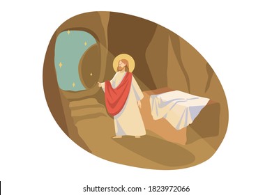 Christianity, religion, Bible concept. Jesus Christ son of God gospel prophet religious biblical character exit from tomb cave place of burial. Ascention of Messiah and New Testament illustration.