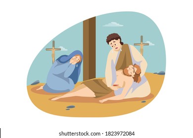 Christianity, religion, Bible concept. Maria and Simon sitting and crying near dead body ofJesus Christ son of God gospel prophet on Golgotha. Crucifixion of Messiah and New Testament illustration.