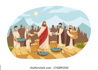 Christentum, Religion, Bibelkonzept. Sättigung der Menschenmenge von fünftausend Menschen mit zwei Fischen und fünf Liebenden von Jesus Christus Sohn Gottes. Neue Testament Bibelserien Cartoon Illustration.