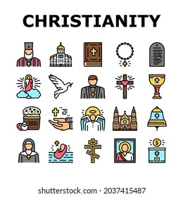 Christianity Religion Church Icons Set Vector. Christianity Cross And Crucifixion, Cathedral And Monastery Building, Bible And Priest, God And Angel, Prayer And Easter Line. Color Illustrations