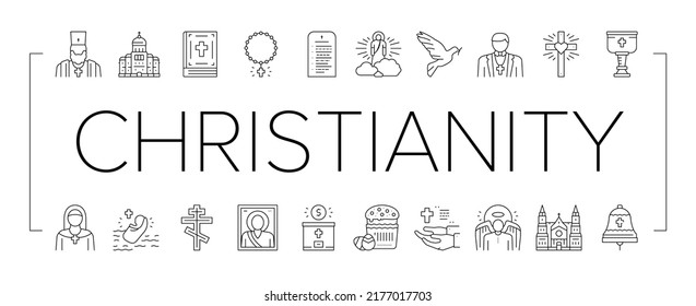 Christianity Religion Church Icons Set Vector. Christianity Cross And Crucifixion, Cathedral And Monastery Building, Bible And Priest, God And Angel, Prayer And Easter Black Contour Illustrations