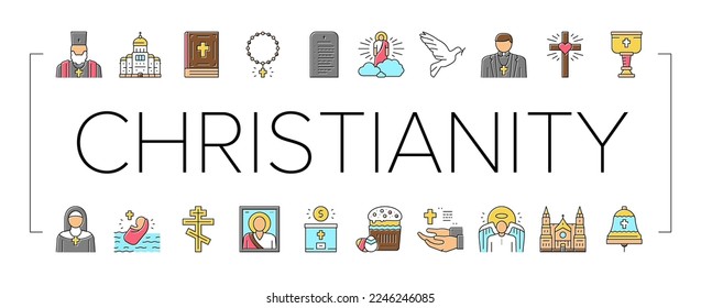 Christianity Religion Church Icons Set Vector. Christianity Cross And Crucifixion, Cathedral And Monastery Building, Bible And Priest, God And Angel, Prayer And Easter Line. Color Illustrations