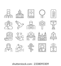 Christianity Religion Church Icons Set Vector. Christianity Cross And Crucifixion, Cathedral And Monastery Building, Bible And Priest, God And Angel, Prayer And Easter Black Contour Illustrations