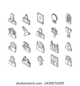 Christianity Religion Church isometric icons set. Christianity Cross And Crucifixion, Cathedral And Monastery Building, Bible And Priest, God And Angel, Prayer And Easter Line. Color .