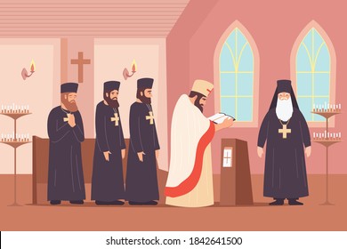 Christianity religion flat composition with indoor scenery of chapel with clerical order characters preaching a sermon vector illustration