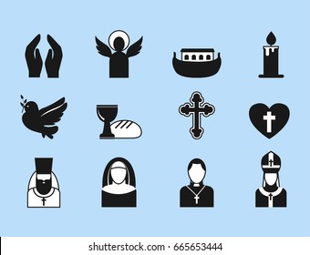 Christianity religion flat icons vector illustration of traditional holy religious black silhouette praying people