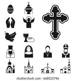 Christianity religion flat icons vector illustration of traditional holy religious black silhouette praying people