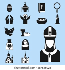 Christianity religion flat icons vector illustration of traditional holy religious black silhouette praying people