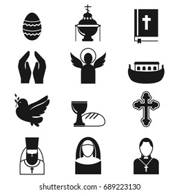Christianity religion flat icons vector illustration of traditional holy religious black silhouette praying people