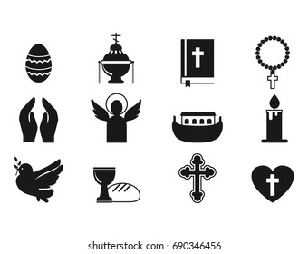 Christianity religion flat icons vector illustration of traditional holy religious black silhouette praying people