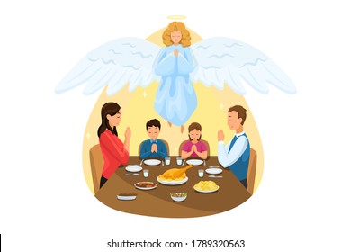 Christianity, religion, meal, protection, prayer, worship concept. Angel biblical religious character watching at young family father son daughter mother on dinner or breakfast praying. Divine support