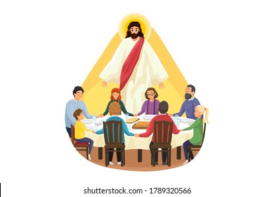 Cristianismo, religión, comida, protección, oración, culto, concepto. Hijo de Dios de Jesucristo observando a su hijo, padre de familia, madre, en la cena o el desayuno rezando. Apoyo o cuidado divino.