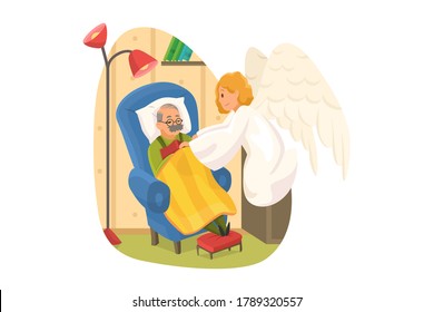 Christianity, religion, protection concept. Smiling angel saint biblical religious character covering sleeping old man senior citizen pensioner body with blanket. Divine support and care illustration.