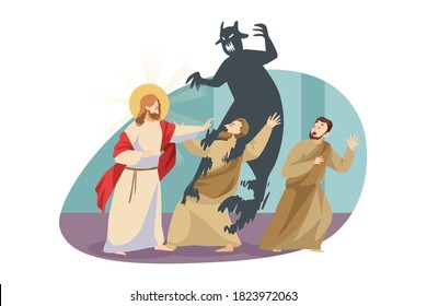 Christianity, religion, protection, devil concept. Jesus Christ son of God Messiah gospel biblical religious character expelling demon satan from posessed man. Divine support Lord power illustration.