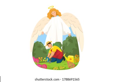 Christianity, religion, protection, gardening, support concept. Angel biblical religious character protecting man guy farmer agricultural worker seeding flowers in garden. Divine support and care.