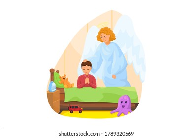 Cristianismo, religión, protección, oración, concepto de culto. Carácter religioso bíblico ángel observando al niño rezando cerca de la cama antes de dormir por la noche. Apoyo divino o ilustración de la atención.