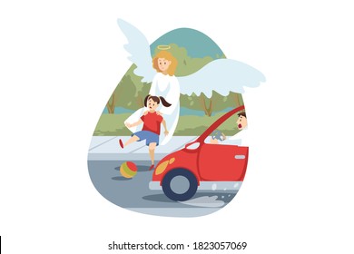 Christianity, religion, protection, rescue, care, support concept. Angel biblical religious character saving young child kid girl from car accident death. Divine support and health care illustration.