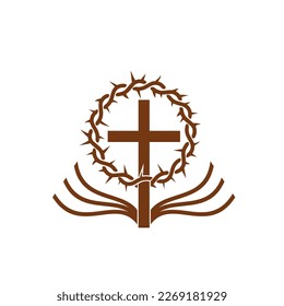 Christianity religion symbol. Cross, Bible and crown of thorns. Catholic christian church, evangelism commune or baptism confession vector emblem or simple sign, religion and faith symbol or icon