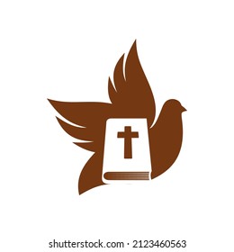 Christianity religion vector icon with Bible, cross and dove. Christian catholic faith and religious emblem with Holy book, pigeon bird and crucifix symbols isolated on white background