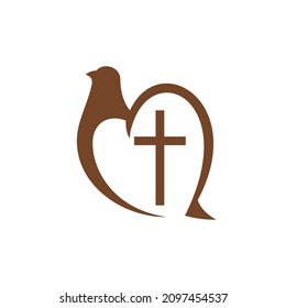 Christianity religion vector icon with dove and cross. Christian religious holy symbol with God bird of peace and Jesus Christ crucifix, Christian church emblem design, worship and faith theme