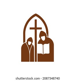 Christianity religion vector icon monks or spirituals holding open Bible near the cross in arch doorway. Christian catholic crucifix and prayers brown religious emblem