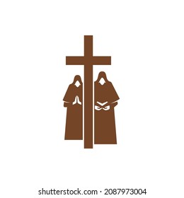 Christianity religion vector icon monks with Bible praying front of cross. Christian catholic crucifix and spirituals prayers brown symbol, faith and religious theme emblem