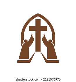Christianity religion vector icon with spirituals pray with rising hands front of crucifix under arch. Christian catholic prayers and Holy cross symbol, faith and religious emblem on white background
