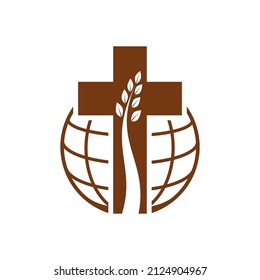 Christianity religion vector icon tree grow in crucifix and Earth globe. Christian catholic cross and plant symbol isolated on white background, faith and religious emblem