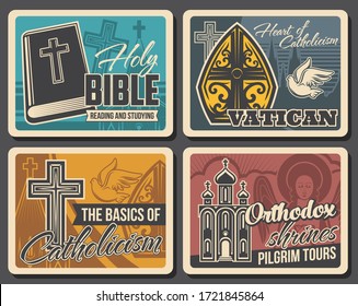 Christianity Religion Vector Posters. Christian Catholic Religious Symbols Of Crucifix Cross And Dove, Vatican Pope Miter And Orthodox Monastery Cathedral, Holy And Dove