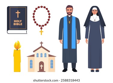 Christianity religious spiritual elements. Catholic priest and nun. Church, bible, candle, prayer beads. Peace religion communion.