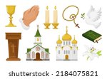 Christianity religious symbols set isometric vector illustration. Spiritual elements church cup praying hands candles pigeon dove bible lily flower altar rosary with cross. Peace religion communion