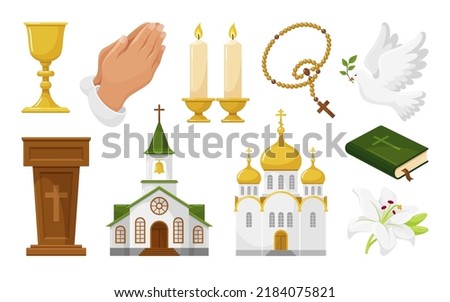 Christianity religious symbols set isometric vector illustration. Spiritual elements church cup praying hands candles pigeon dove bible lily flower altar rosary with cross. Peace religion communion Photo stock © 