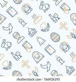 Christianity Seamless Pattern With Thin Line Icons Of Priest, Church, Nun, Crucifixion, Jesus, Bible, Dove. Vector Illustration For Banner, Web Page, Print Media.