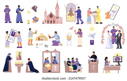 Christianity Set With Flat Isolated Icons Of Holy Books Churches Religious Symbols Serving And Praying People Vector Illustration