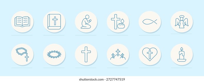 Icono de conjunto de cristianismo. Iconos circulares delineados que muestran la Biblia, la oración, la cruz, el ángel, el bautismo, los ictios, el rosario, la corona de espinas, el cementerio, el corazón sagrado y los diseños de velas