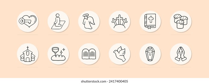 Christianity set line icon. Sermon, heart, cross, angel, halo, bible, flock, tombstone. Pastel color background Vector line icon for business and advertising