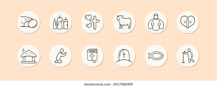 Christianity set line icon. Sermon, soul, communion, bible, flock, religion, bread, wine, tombstone. Pastel color background Vector line icon for business and advertising