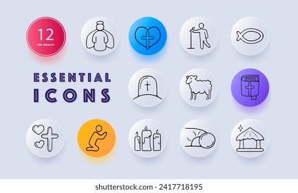 Christianity set line icon. Sermon, Easter, Easter cake, coffin, communion, bread, wine, tombstone. Neomorphism style. Vector line icon for business and advertising