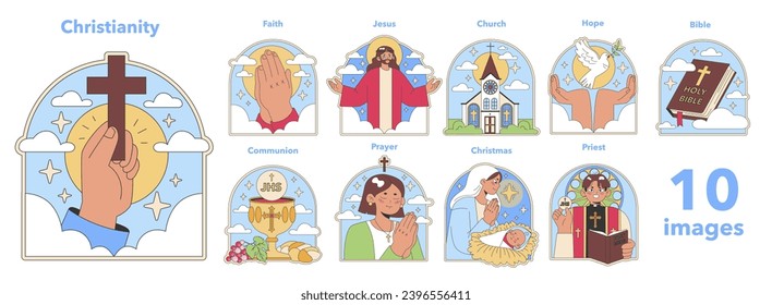 Christianity set. Sacred symbols and religious practices. Belief in Jesus and the Bible. Observance of Christmas and Communion. Flat vector illustration.