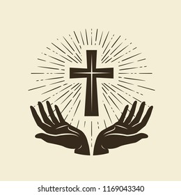 Christianity symbol of Jesus Christ. Cross, worship logo. Vintage vector illustration