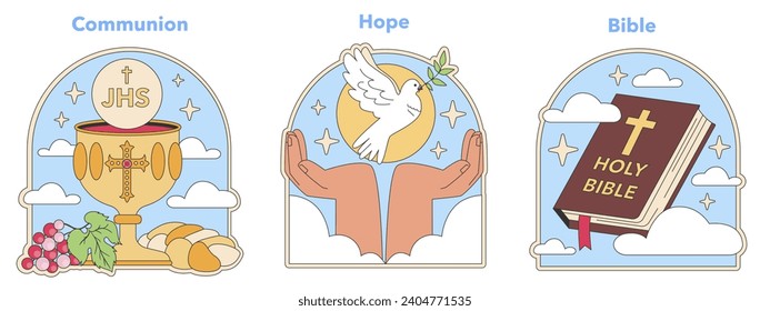 Christianity symbols. Eucharist elements, dove as hope sign, and sacred Bible. Ritual of Communion, peace representation, and scripture study. Flat vector illustration