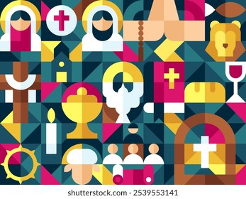 Christianity theme in bauhaus geometric style arrange as grid for backdrop, background, banner and wrapping paper gift or seamless pattern