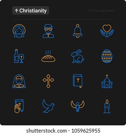 Christianity thin line icons set of priest, church, nun, crucifixion, Jesus, bible, dove. Vector illustration for black theme.